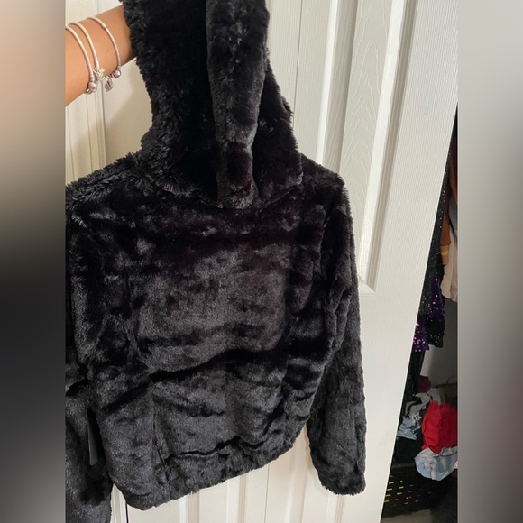 Black furry jacket with hood. Worn one. - Picture 4 of 4